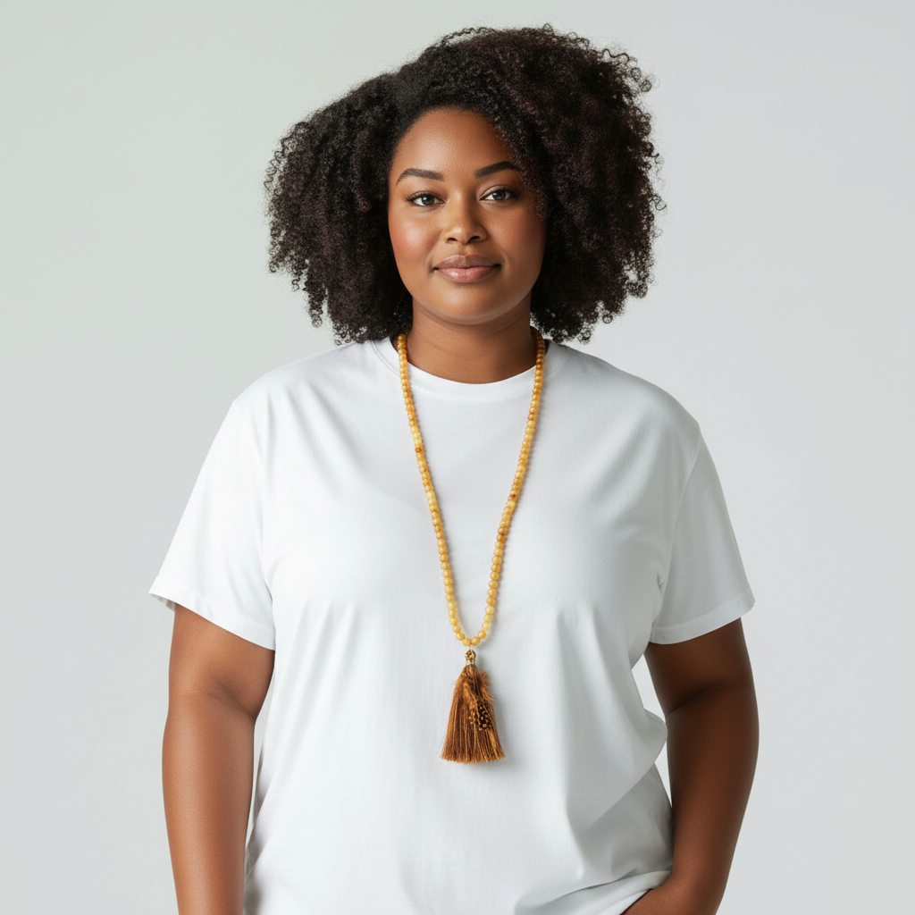 Yellow Jade Beaded Necklace with Feather Tassel
