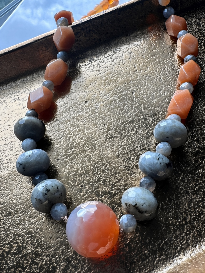 Carnelian & Larvikite Beaded Statement Necklace