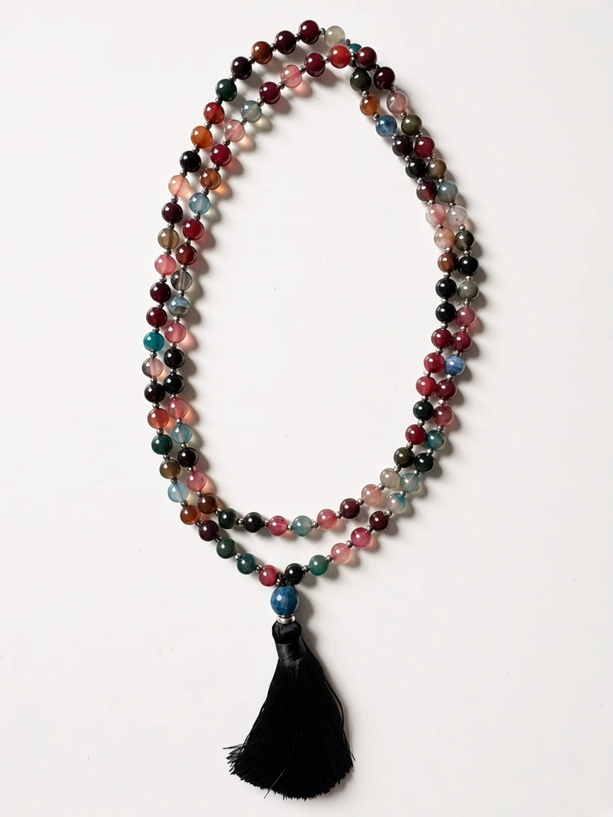 Hue La La Gems multi-colored agate mala necklace featuring polished semi-precious beads and a black silk tassel.