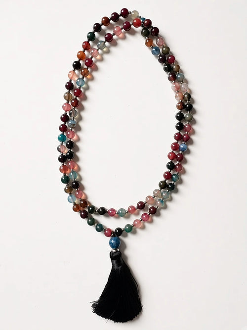 Hue La La Gems multi-colored agate mala necklace featuring polished semi-precious beads and a black silk tassel.