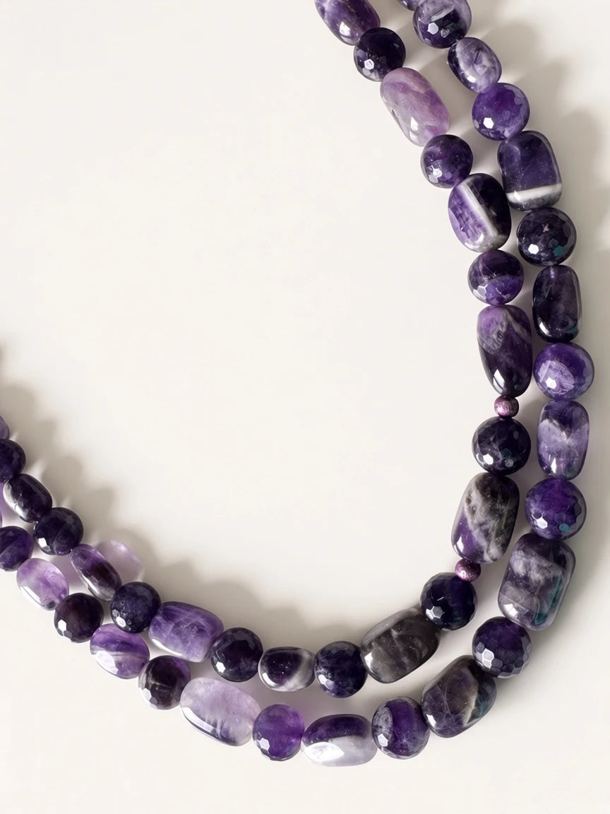Hue La La Gems handcrafted amethyst beaded necklace featuring polished oval and faceted round violet gemstone beads.