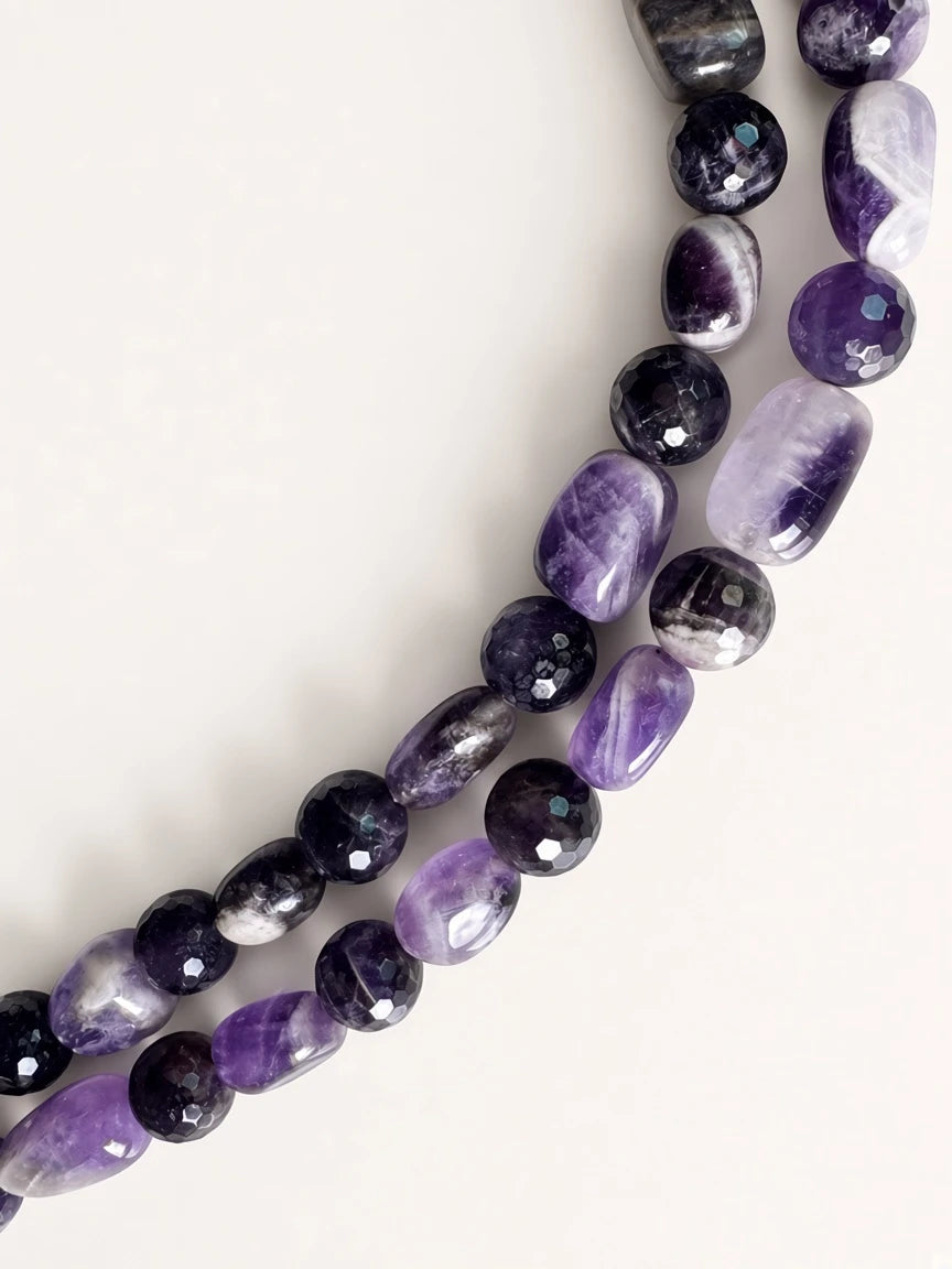 Hue La La Gems handcrafted amethyst beaded necklace featuring polished oval and faceted round violet gemstone beads.