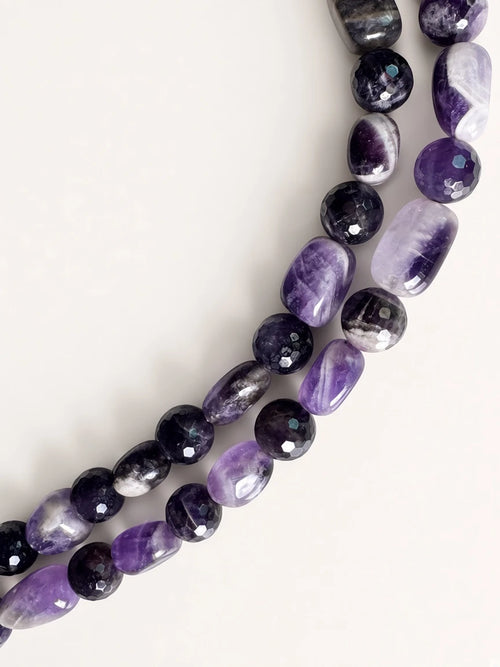 Hue La La Gems handcrafted amethyst beaded necklace featuring polished oval and faceted round violet gemstone beads.