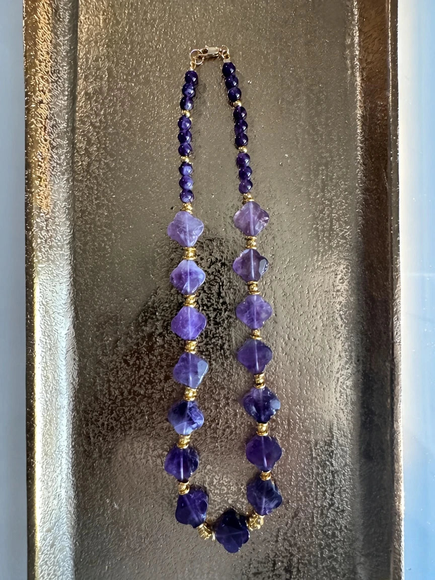 Hue La La Gems amethyst beaded statement necklace with clover-shaped purple stones and gold-tone spacers