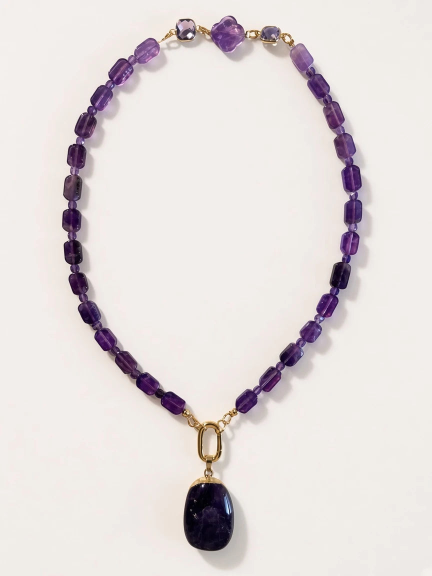 Hue La La Gems amethyst beaded statement necklace with a removable pendant and gold-tone oval clasp on white background