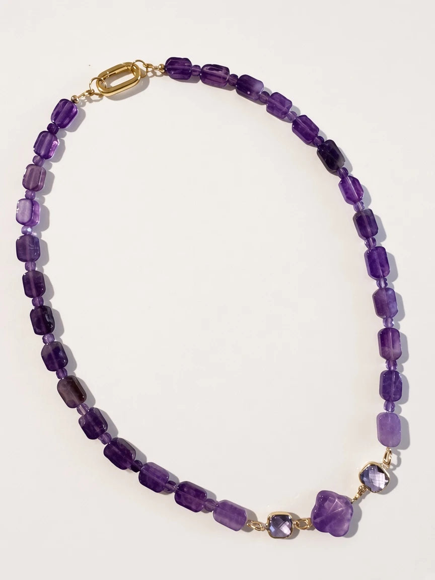 Hue La La Gems amethyst beaded statement necklace with purple rectangular beads and a gold-tone oval clasp