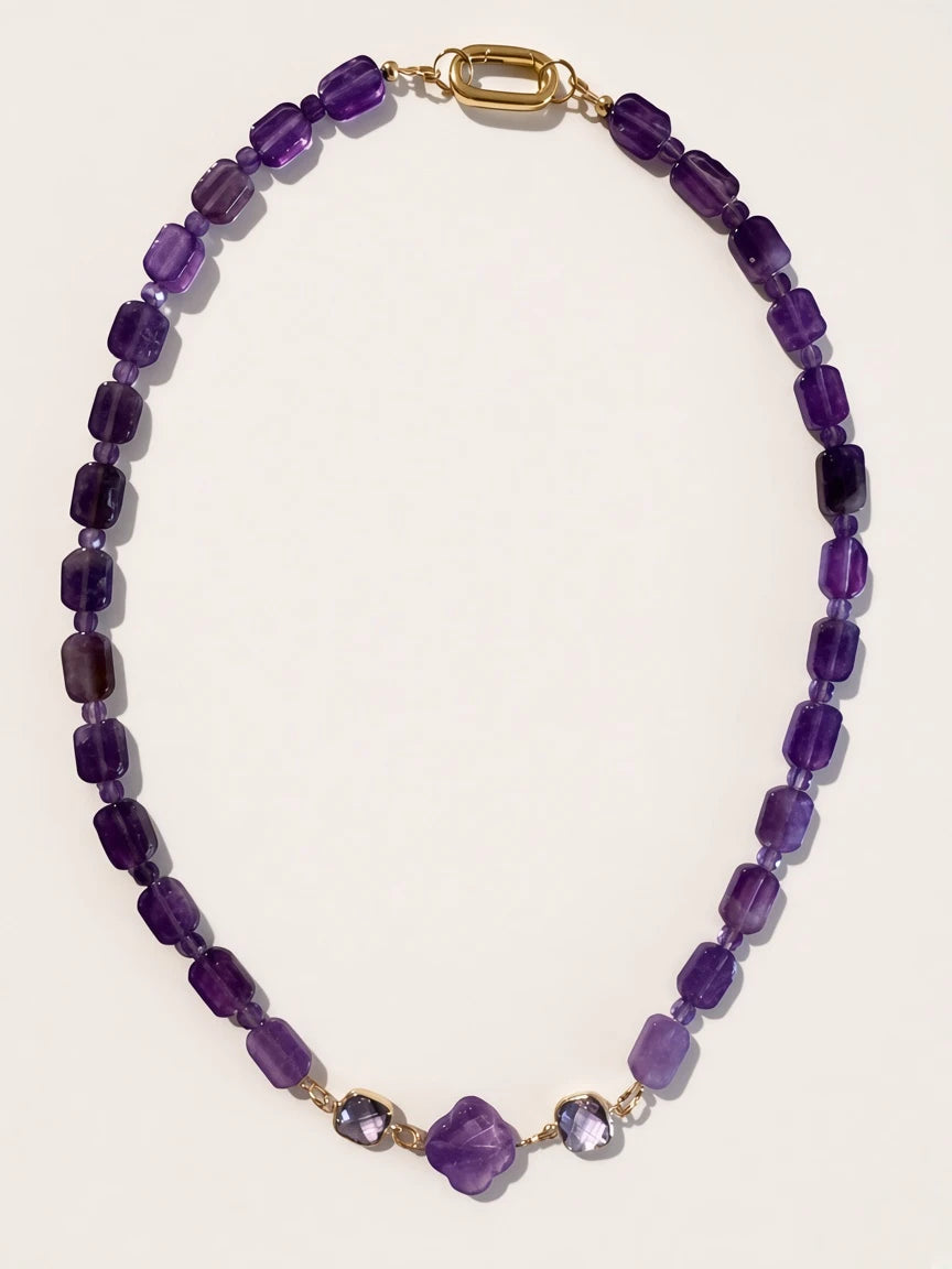 Hue La La Gems amethyst beaded necklace with rectangular beads and a gold-tone oval clasp on a white background.