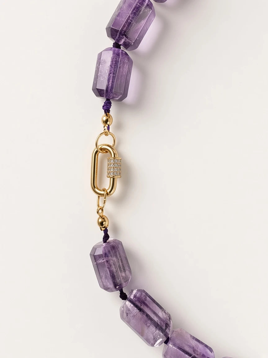 Hue La La Gems amethyst beaded statement necklace with rectangular purple stones and a gold-tone pavé lobster clasp.