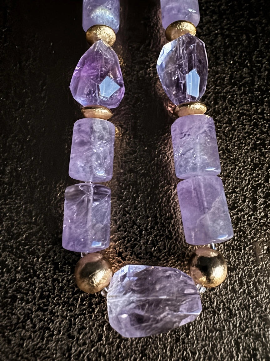 Hue La La Gems amethyst beaded statement necklace with faceted purple stones and polished gold-tone metal accents