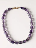 Hue La La Gems amethyst beaded statement necklace with rectangular purple stones and a gold-tone pavé lobster clasp.