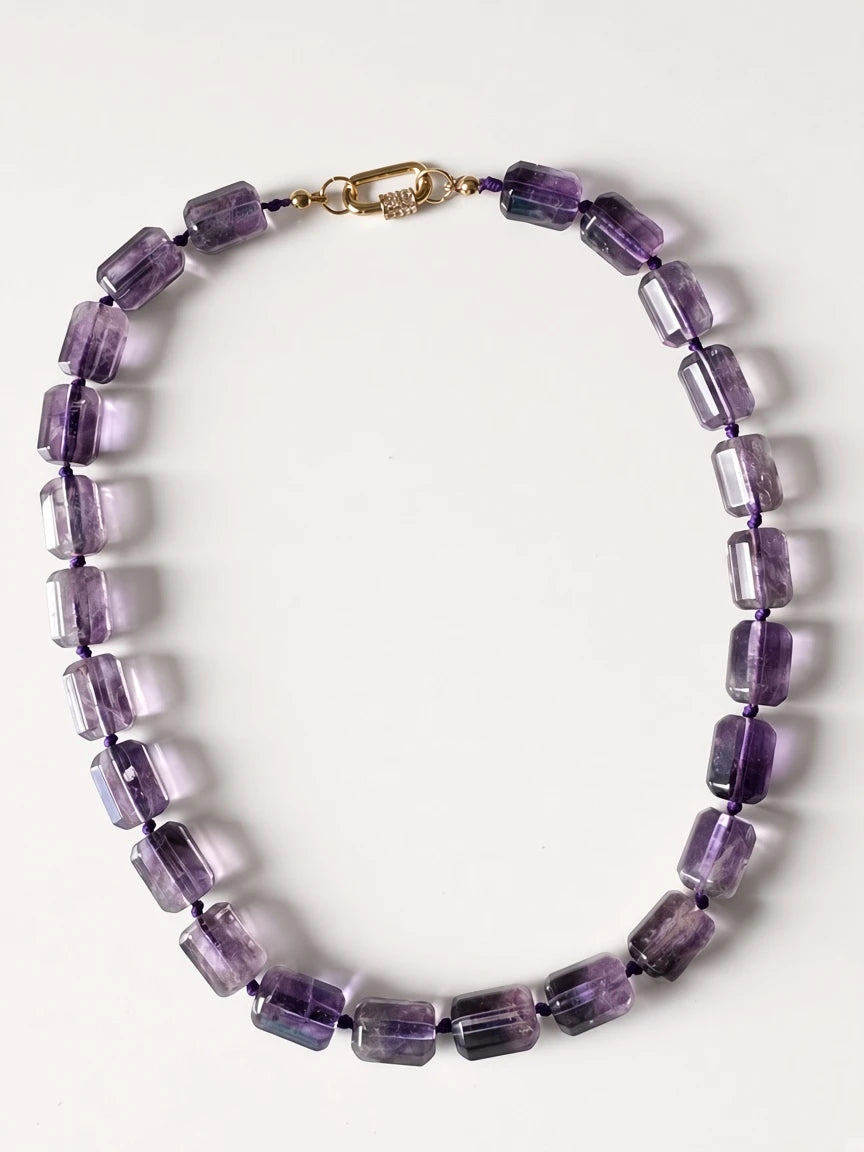 Hue La La Gems amethyst beaded statement necklace with rectangular purple stones and a gold-tone pavé lobster clasp.