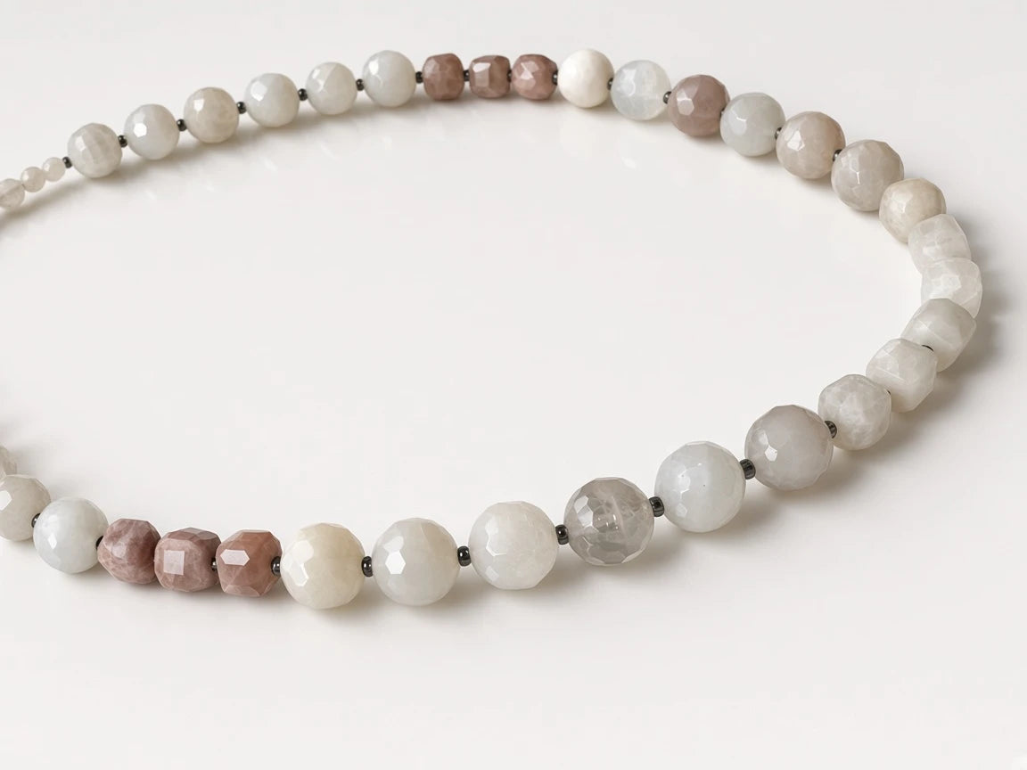 Hue La La Gems beaded statement necklace featuring faceted moonstone and sunstone beads in white, grey, and dusty rose.