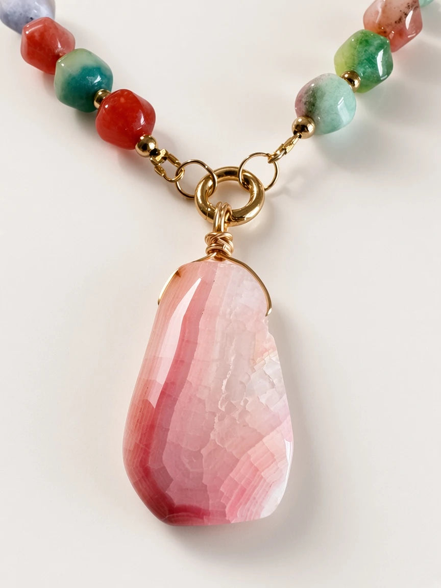 Hue La La Gems multi-colored gemstone beaded necklace with a large faceted pink stone pendant and gold-tone spacers.