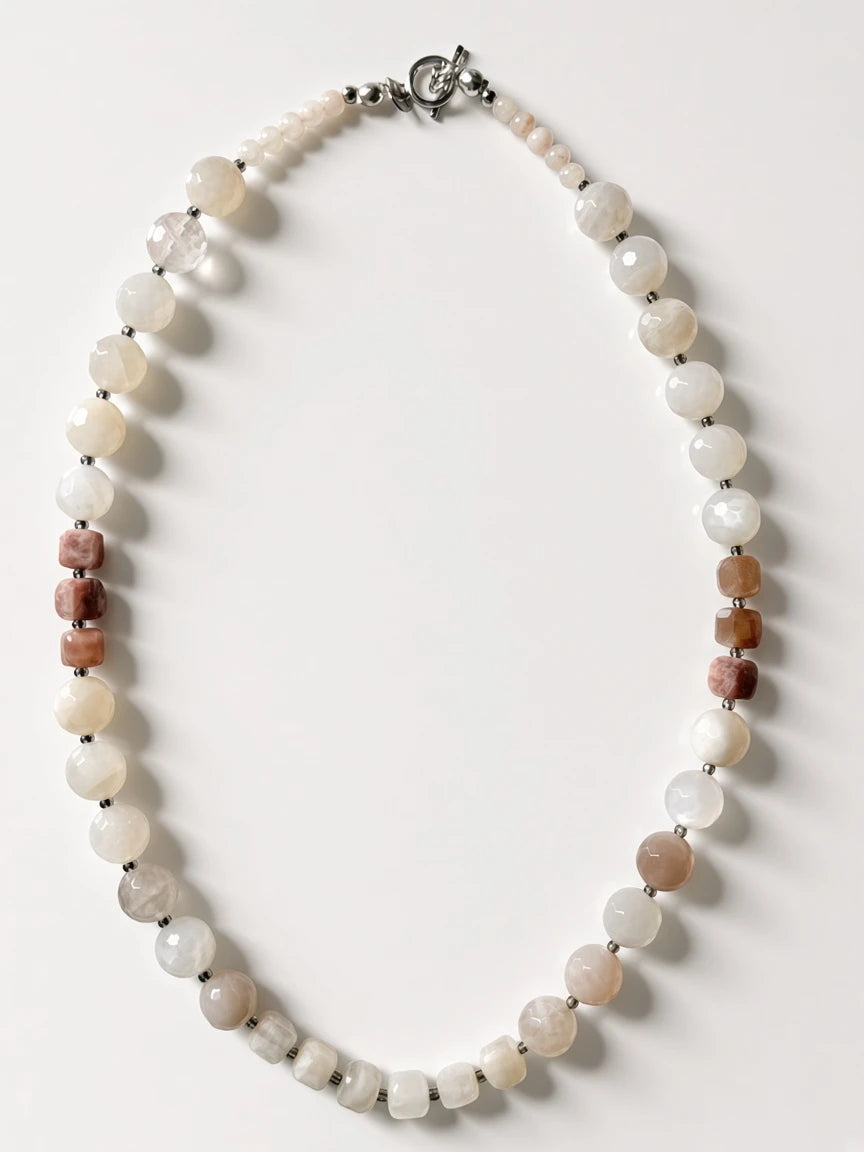 Hue La La Gems beaded statement necklace featuring faceted moonstone and sunstone beads with a silver-tone toggle clasp.