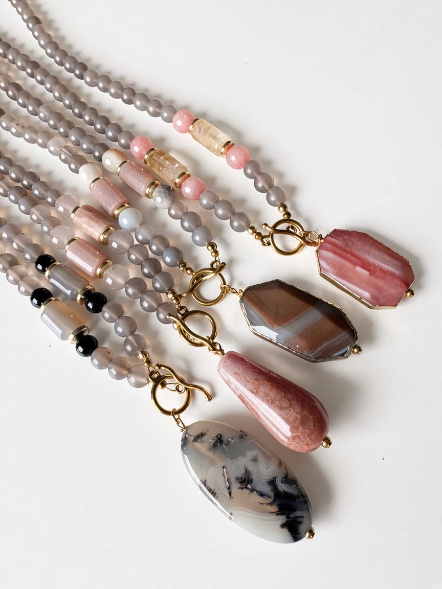 Hue La La Gems beaded statement necklaces with semi-precious gemstone pendants and gold-tone toggle clasps