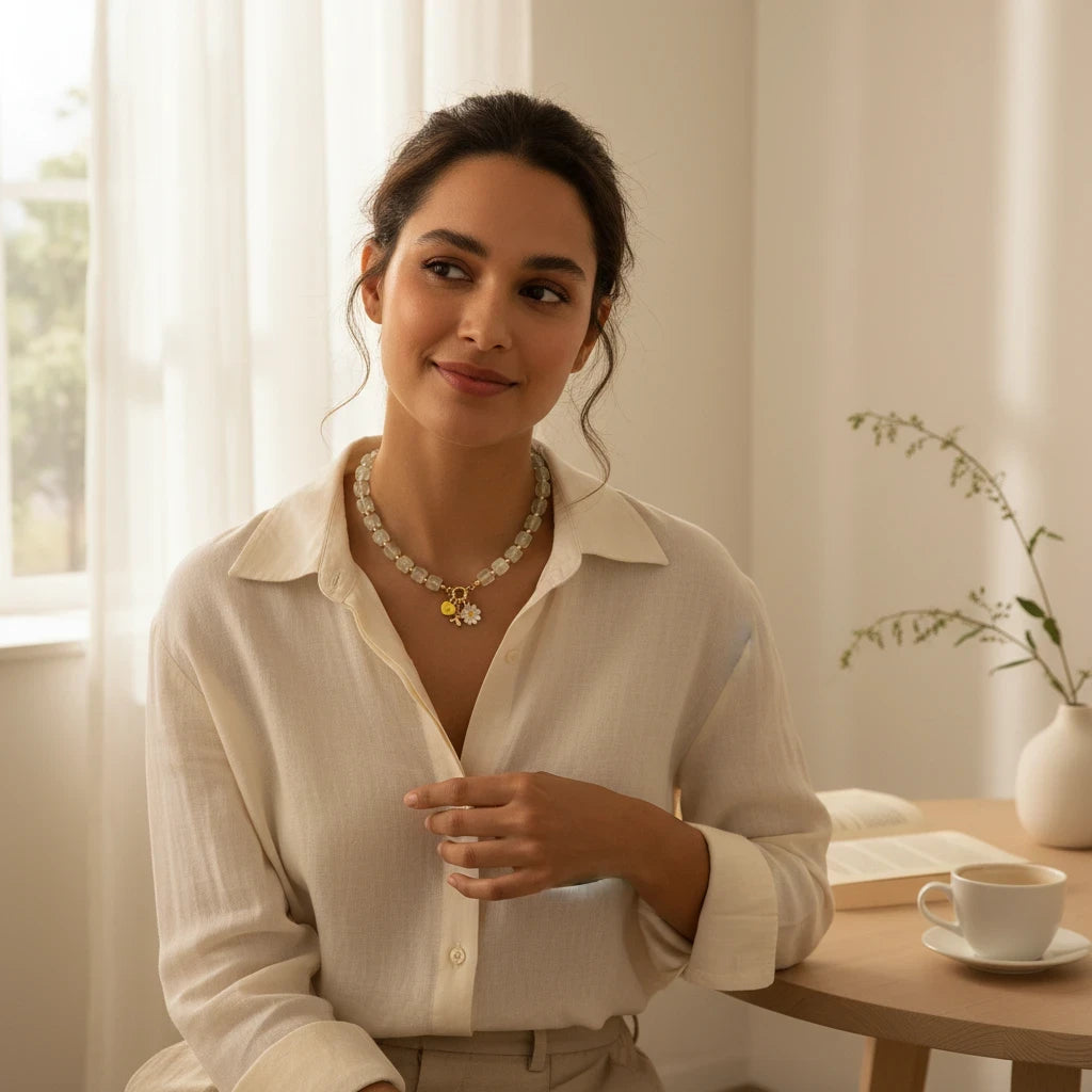 Woman wearing a Hue La La Gems beaded necklace with yellow heart and daisy charms, styled with a white linen shirt.