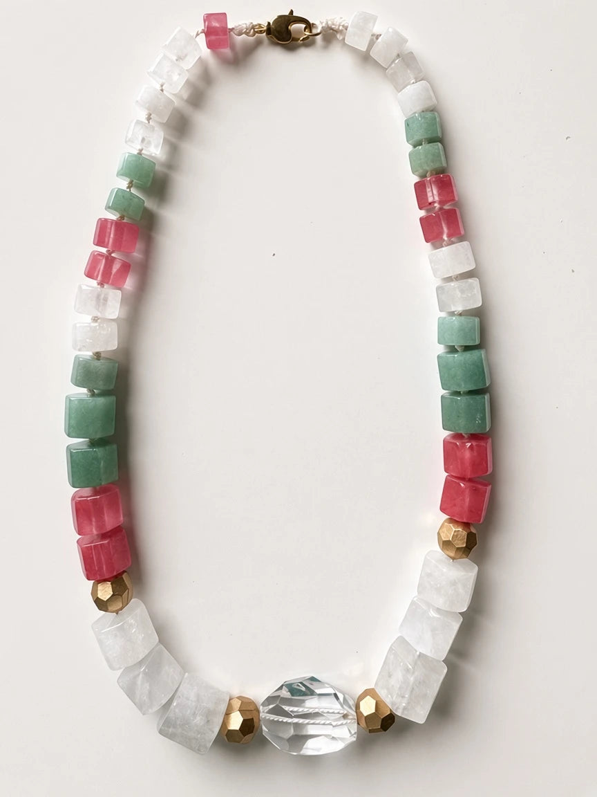 Hue La La Gems beaded statement necklace with square green, pink, and white stones, gold accents, and crystal pendant.
