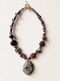 Hue La La Gems statement necklace with plum and grey natural stone beads, purple crystals, and a faceted pendant.