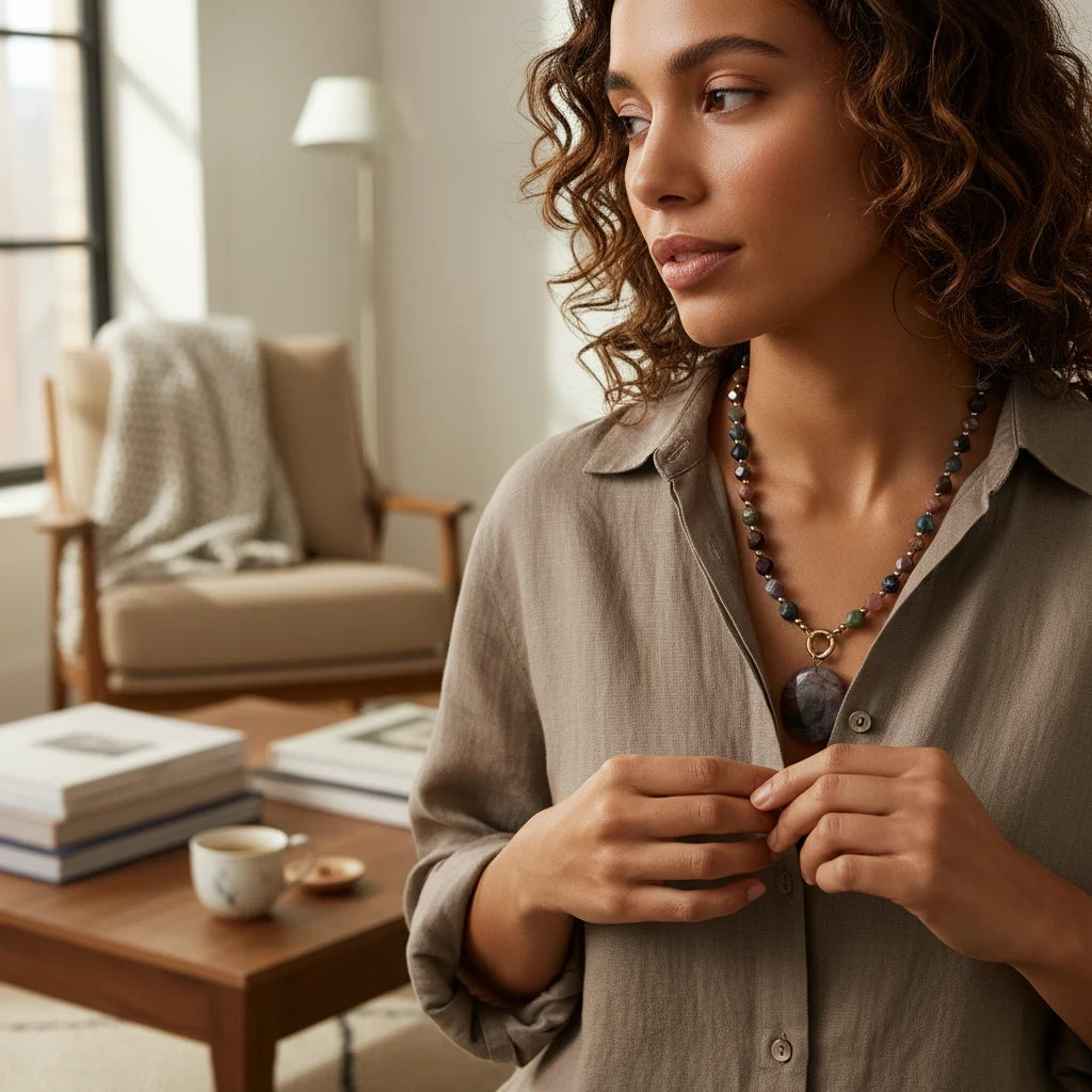Model wearing a Hue La La Gems multi-gemstone beaded statement necklace with a large circular pendant