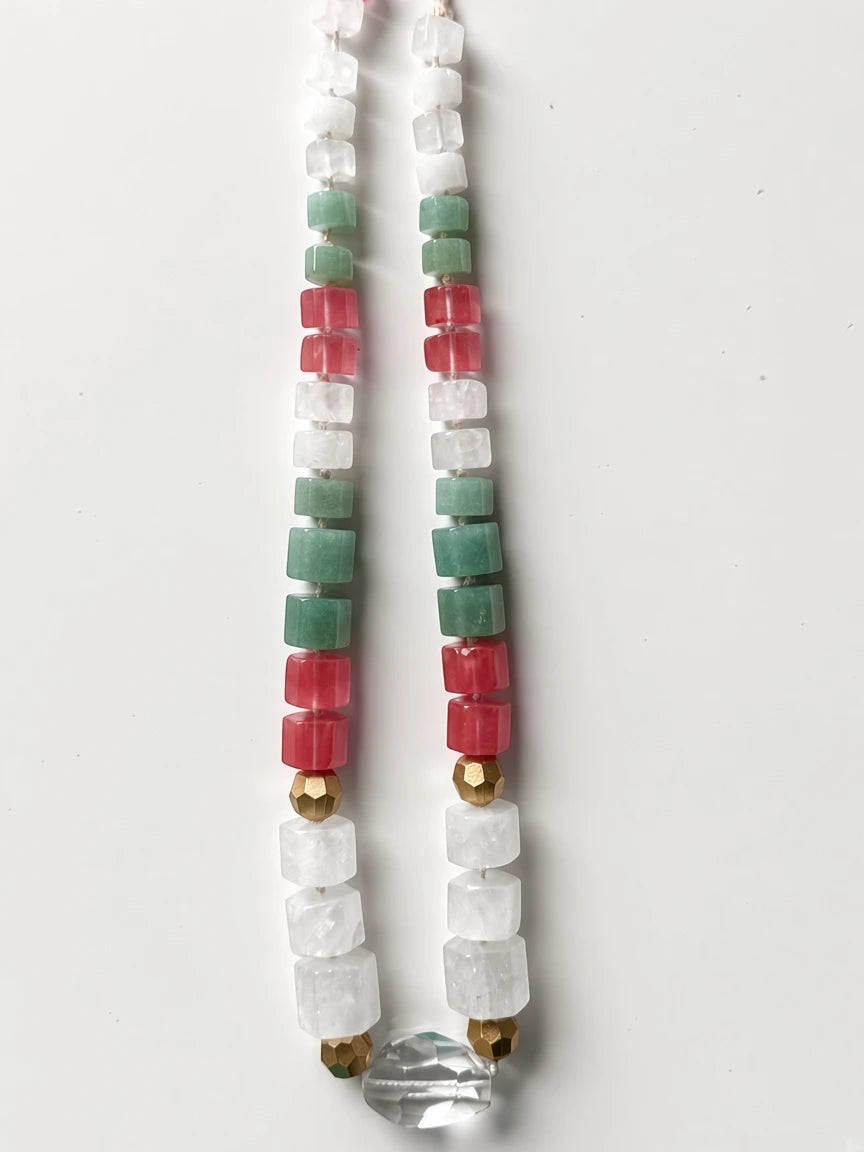 Hue La La Gems beaded statement necklace with square green, pink, and white stones, gold beads, and crystal pendant.