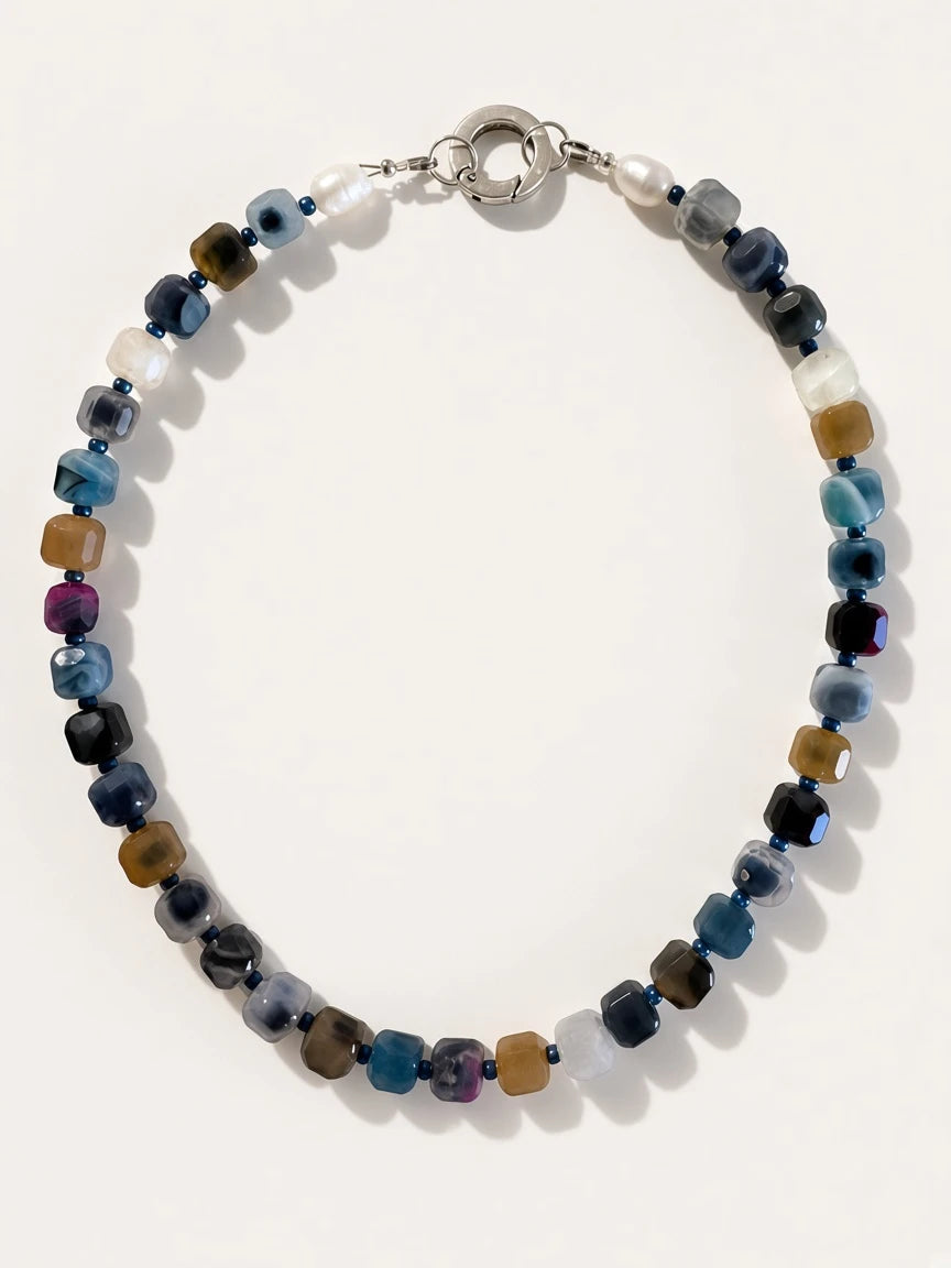 Hue La La Gems handcrafted statement necklace with multi-colored cube gemstone beads, freshwater pearls, and silver clasp