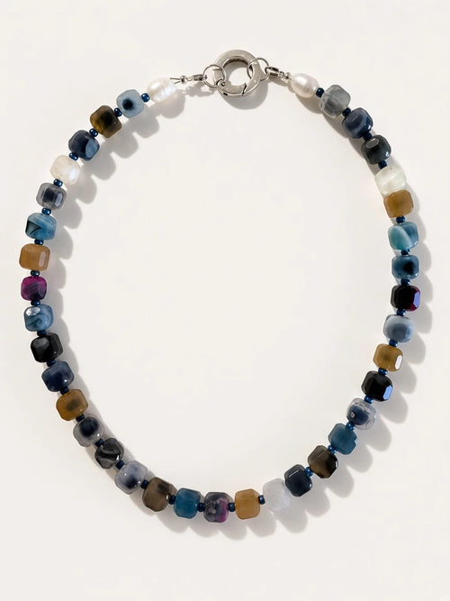 Hue La La Gems handcrafted statement necklace with multi-colored cube gemstone beads, freshwater pearls, and silver clasp
