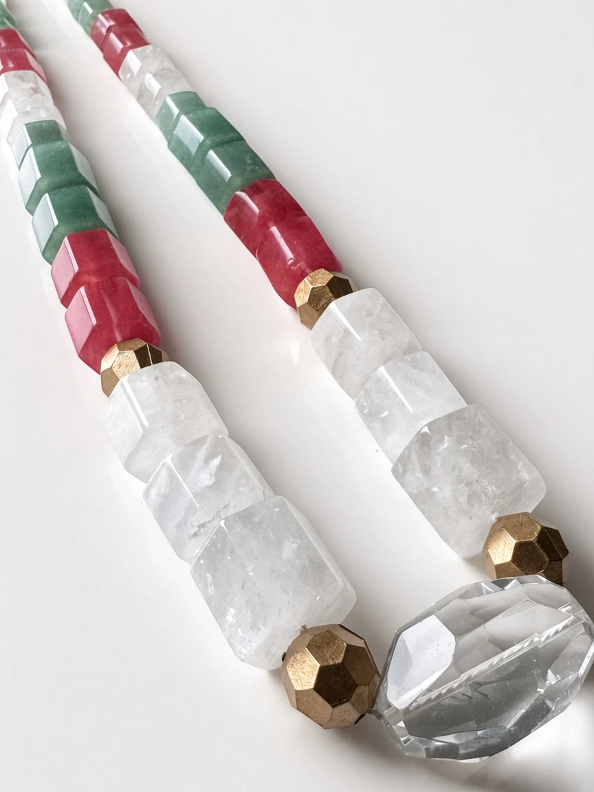 Hue La La Gems statement necklace with square green, pink, and white beads, gold accents, and a clear crystal pendant.