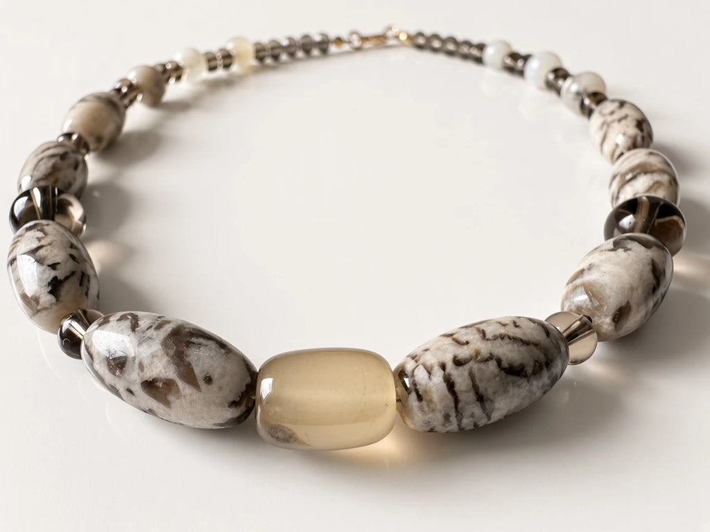 Hue La La Gems statement necklace featuring marbled stone, translucent smoky quartz, and creamy beads on a white surface
