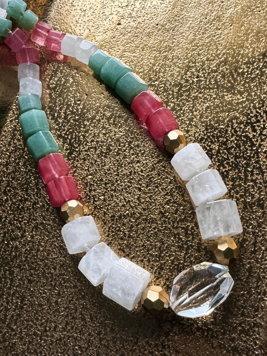 Hue La La Gems beaded statement necklace with square green, pink, and white stones, gold beads, and a crystal pendant.