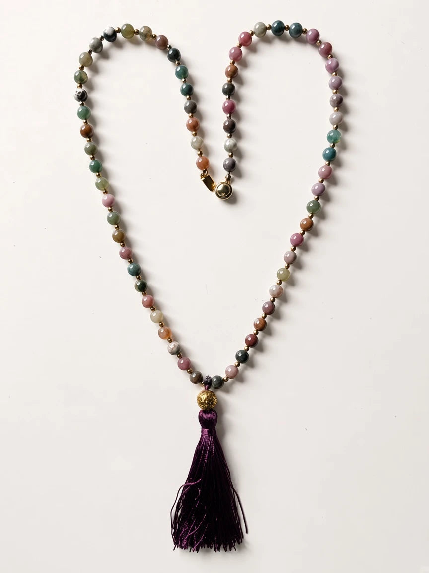 Hue La La Gems mala necklace with natural gemstone beads, metallic spacers, and a deep purple silk tassel.