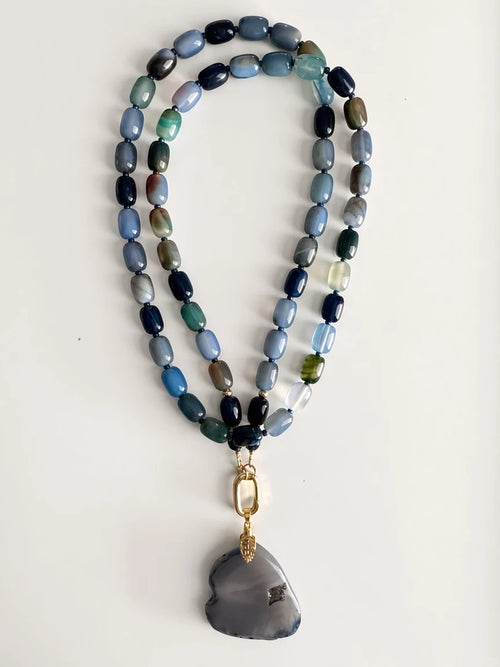 Hue La La Gems multi-strand blue and grey agate beaded necklace with a gold-tone pendant and oval stone accents.