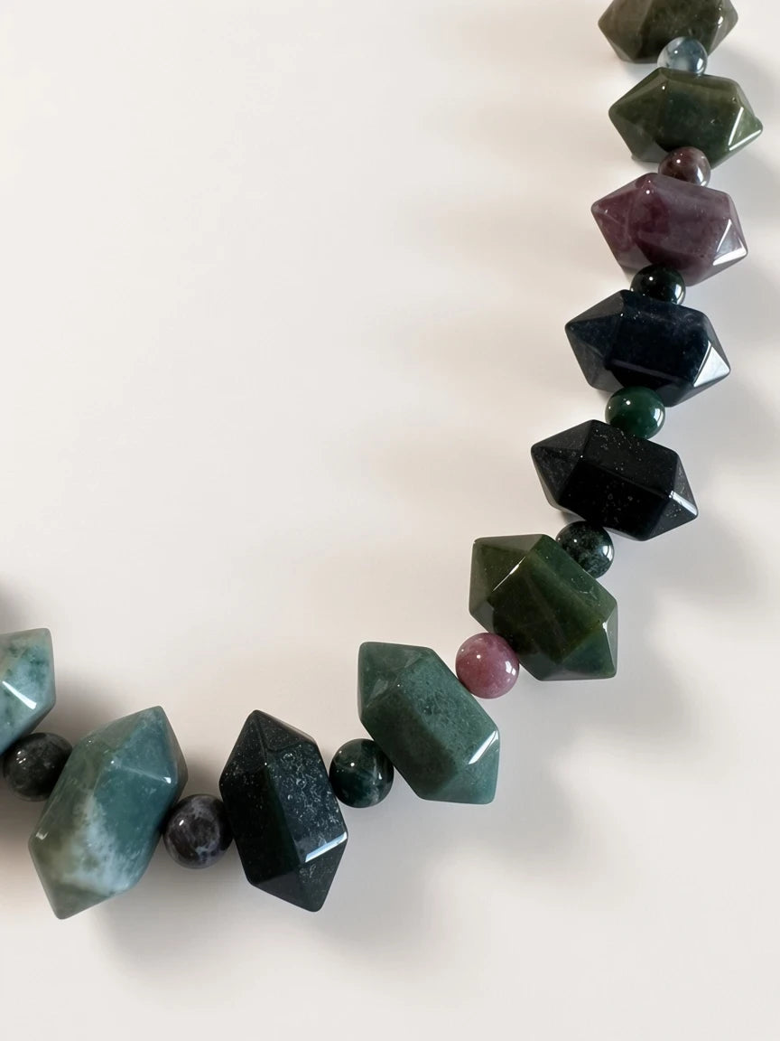 Hue La La Gems beaded necklace featuring faceted green and dark carnelian agate stones with small round accent beads.