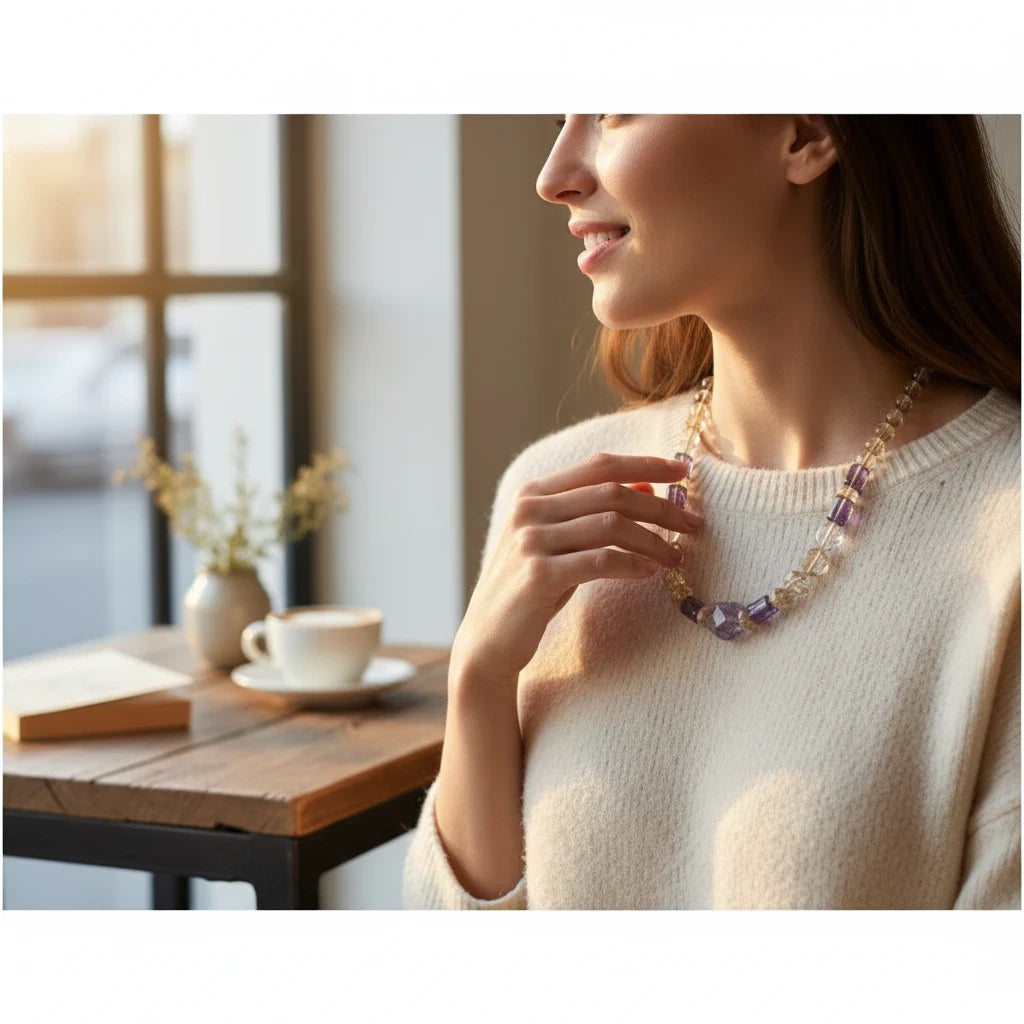 Hue La La Gems handcrafted statement necklace featuring citrine and amethyst beads worn by a woman in a cafe