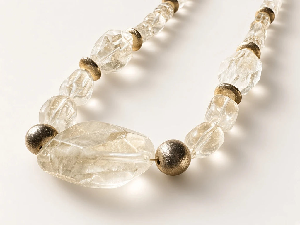 Hue La La Gems statement necklace featuring clear faceted crystal-like beads and polished gold-tone metal accents.