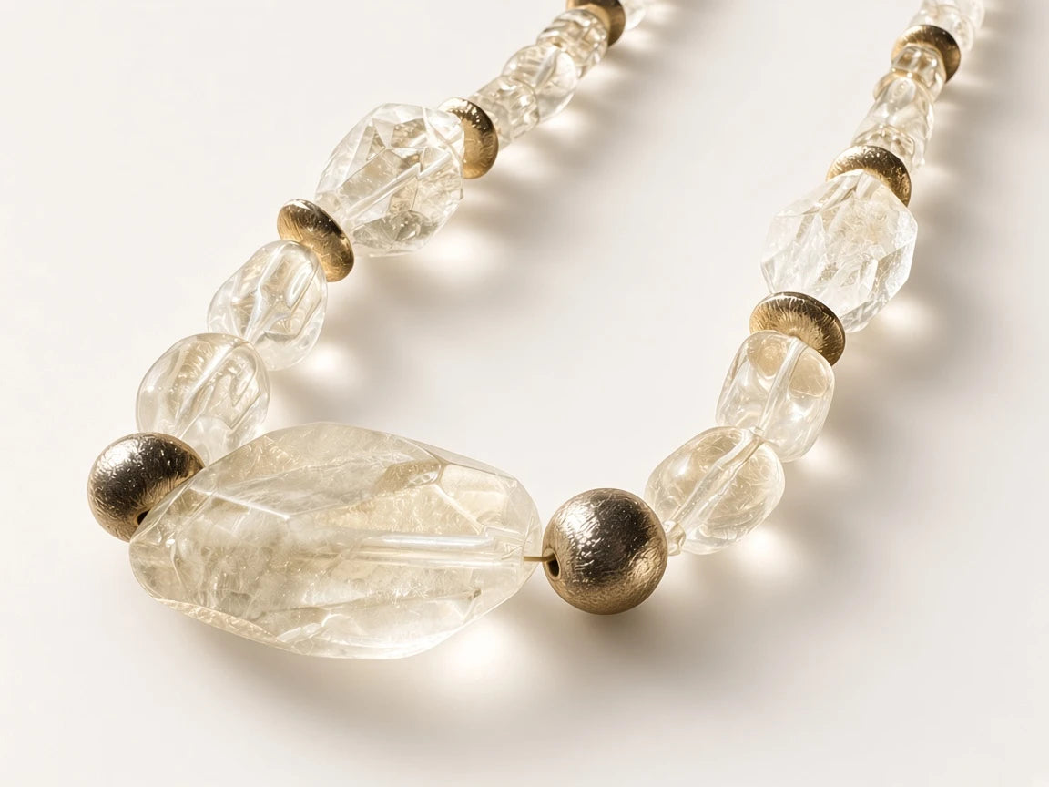 Hue La La Gems statement necklace featuring clear faceted crystal-like beads and polished gold-tone metal accents.