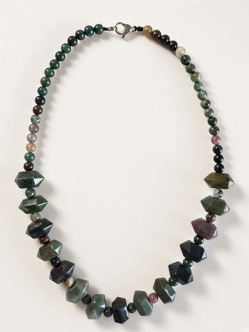 Hue La La Gems beaded necklace featuring faceted dark green and earthy agate stones with a silver-tone clasp.