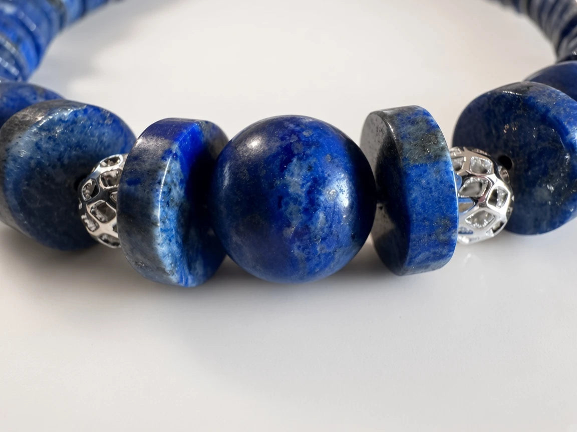 Hue La La Gems lapis lazuli beaded statement necklace with round blue stones and intricate silver-toned metal accents