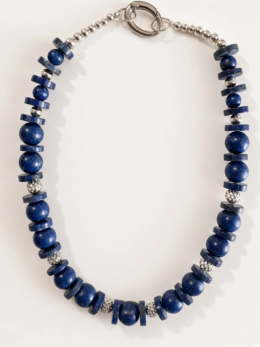 Hue La La Gems lapis lazuli beaded statement necklace with silver-toned metal accents and a toggle clasp.