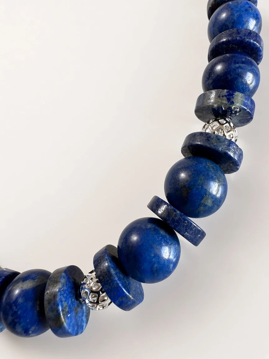 Hue La La Gems lapis lazuli beaded statement necklace with deep blue round stones and silver-toned metal accents
