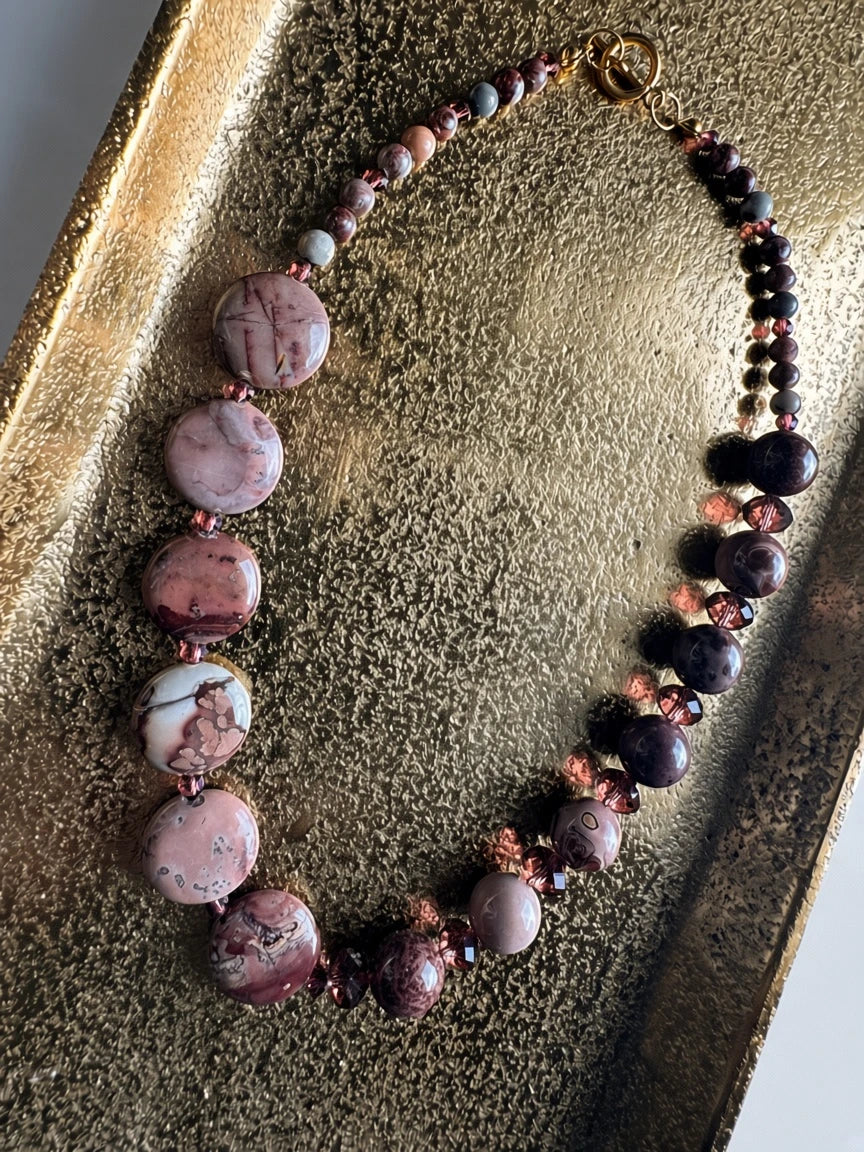 Hue La La Gems statement necklace featuring mauve and plum natural stone beads with faceted crystals and gold toggle