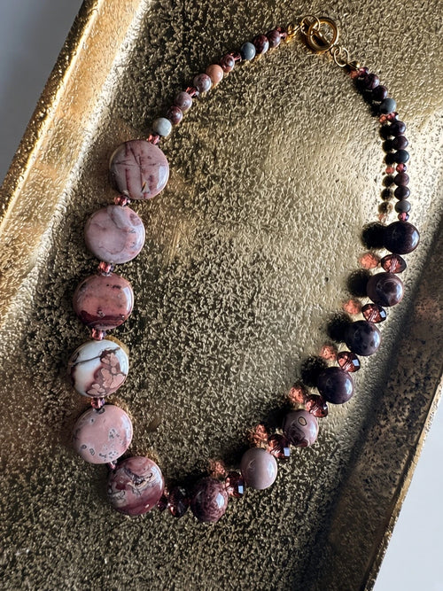 Hue La La Gems statement necklace featuring mauve and plum natural stone beads with faceted crystals and gold toggle