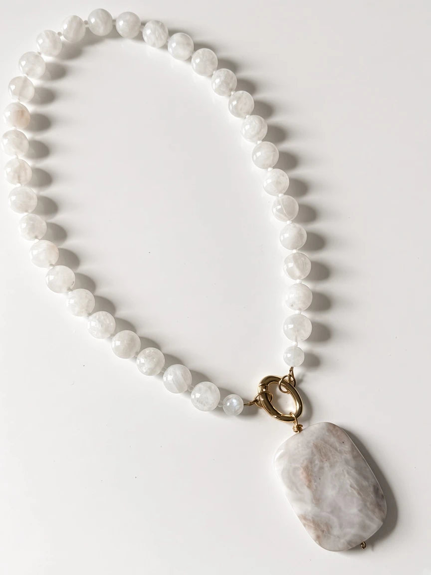 Hue La La Gems beaded moonstone necklace with a large rectangular natural stone pendant and gold-tone oval clasp.