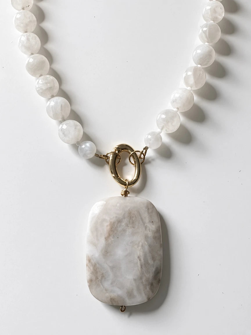 Hue La La Gems beaded moonstone necklace with a large rectangular marbled stone pendant and gold-tone oval clasp.