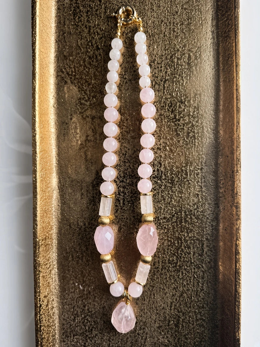 Hue La La Gems beaded necklace with rose quartz and clear quartz beads, gold-tone accents, and a faceted pendant.