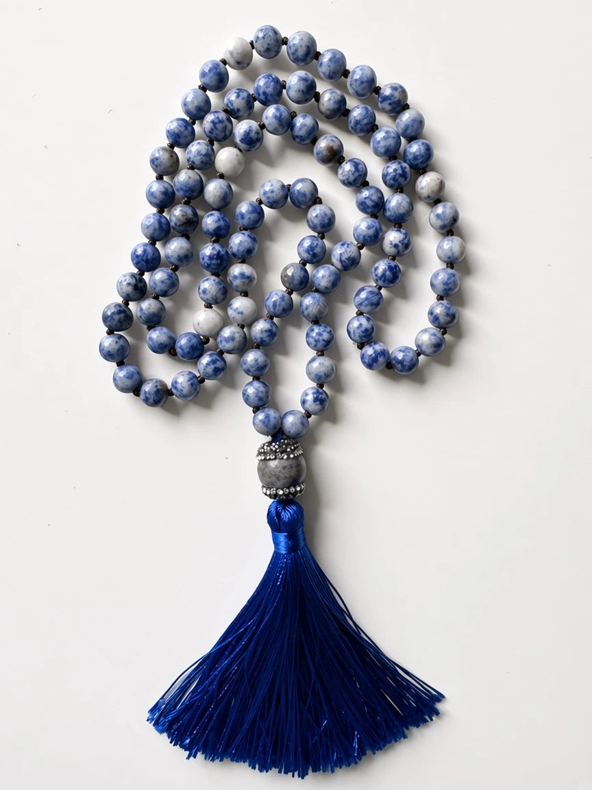 Hue La La Gems handcrafted sodalite mala necklace with blue and white beads and a vibrant royal blue silk tassel.