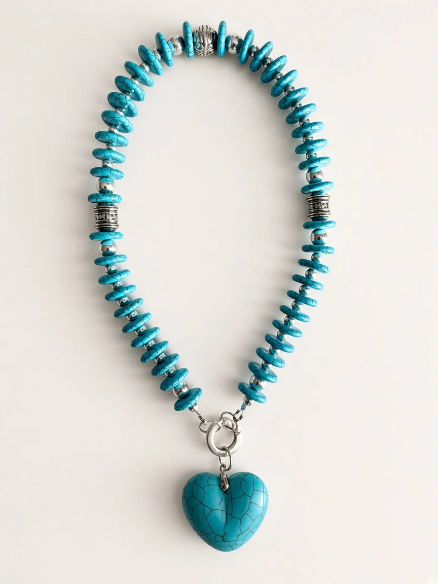 Hue La La Gems turquoise-style beaded heart pendant necklace with silver-tone spacers and a toggle clasp.