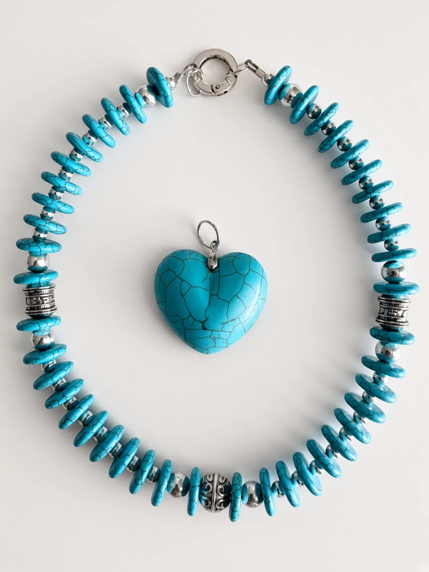 Hue La La Gems turquoise beaded necklace with a detachable puffed heart pendant and silver-tone metal accents.